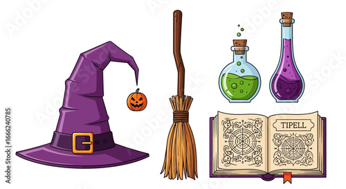 Flat lay illustration of witch's hat, broom, potion bottles, and spell book against a white background, featuring a cartoon style with dark purple and green tones.