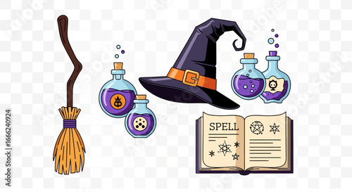 Flat lay illustration of witch's hat, broom, spellbook, and purple potion bottles against a white background, featuring cartoonish style and dark fantasy aesthetic.