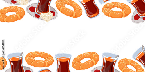 Decorative border with Traditional Turkish tea and simit bread on white background in cartoon. Perfect for restaurant design menu, template packaging and kitchen decoration.