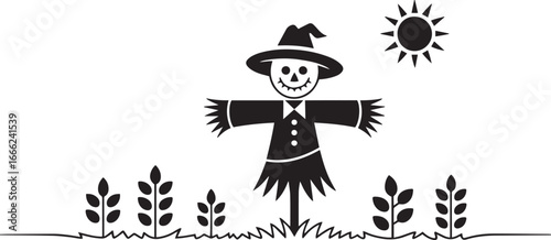 Simple black and white line art of a cheerful scarecrow with hat, coat, flowers and sun in whimsical minimalist farm illustration