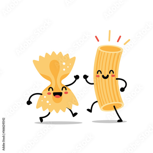 Cheerful pasta characters celebrating together, perfect for food blogs, restaurant branding, and kid's menus