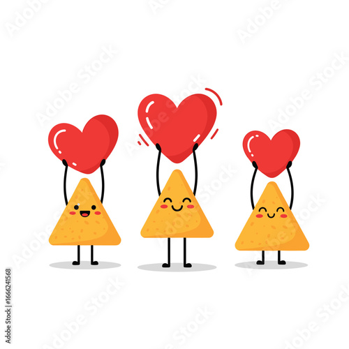 Cute tortilla chips characters holding hearts, perfect for Valentine's Day, love, and fun food designs