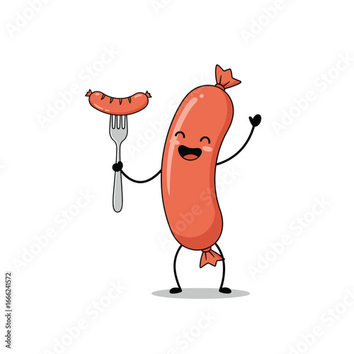 Happy cartoon sausage character holding a sausage on a fork, smiling and ready to eat!