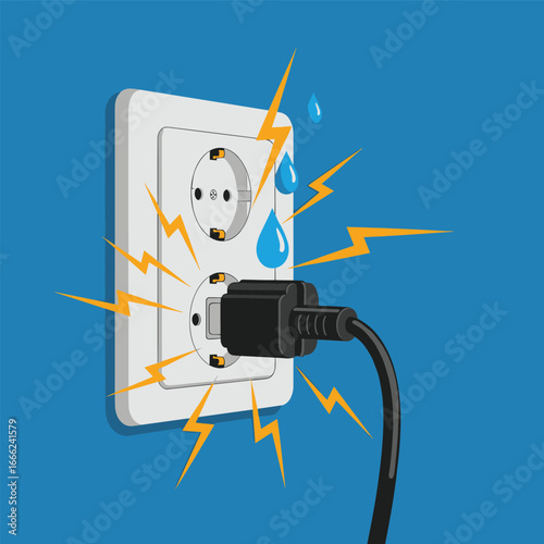 Electrical hazard: Water and electricity combine, creating a dangerous situation with a plug