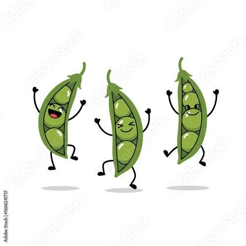 Happy cartoon pea pods dancing and celebrating healthy eating with cheerful smiles and joy