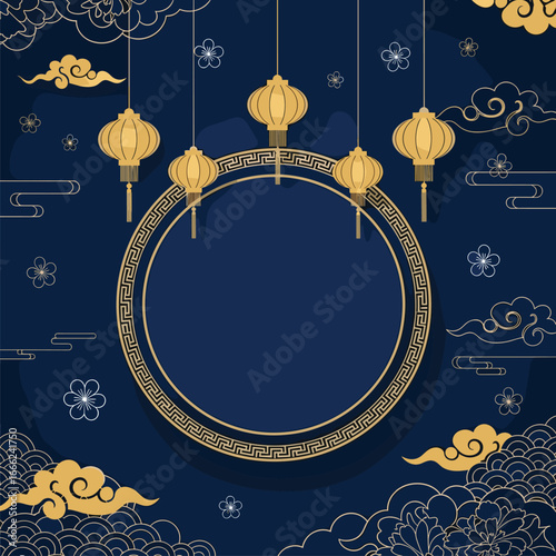 Elegant golden lanterns and floral design on deep blue, perfect for Asian-themed projects