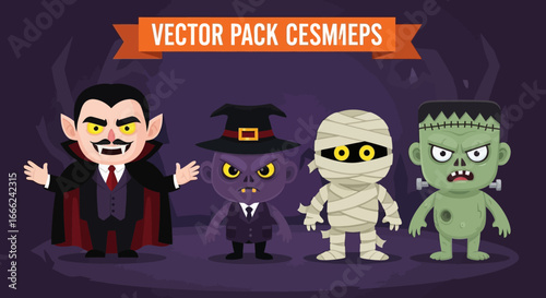 Four cute Halloween monster characters; Dracula, vampire, mummy, Frankenstein; flat vector illustration; dark purple background; spooky cartoon style.