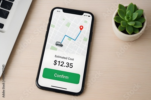 Using a modern ride-hailing application on a smartphone to book a car service with a GPS map and fare estimate on the screen