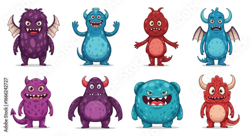 Eight cartoon monsters in various poses and colors against a white background, flat lay illustration style, conveying a playful mood.