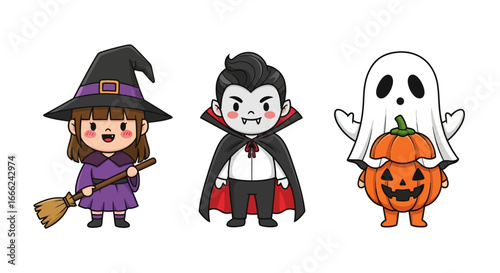 Three cute cartoon kids dressed in witch, vampire, and ghost Halloween costumes, against a white background,  in a playful, colorful illustration style.