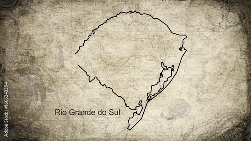 Rio Grande do Sul map drawn on a cartography background sheet of paper