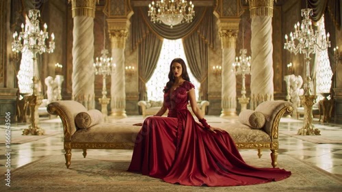 A wealthy elegant woman sitting gracefully on a royal sofa in a luxurious interior. The scene represents high-class lifestyle, sophistication, wealth, and timeless beauty. Perfect concept for luxury b