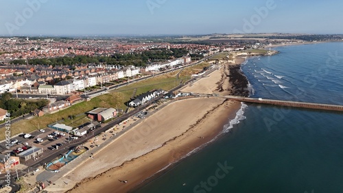 Drone Aerial View of Roker Beach, Seaburn Beach, and Roker Pier in Sunderland, Tyne and Wear, North East England, Coastal Landscape from Above