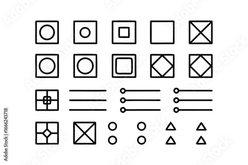 Minimalist UI Wireframe Icon Set – Black Line Art, Buttons, Toggles & Sliders