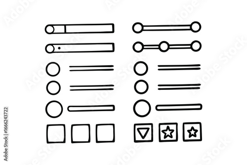 Minimalist UI Wireframe Icon Set – Black Line Art, Buttons, Toggles & Sliders