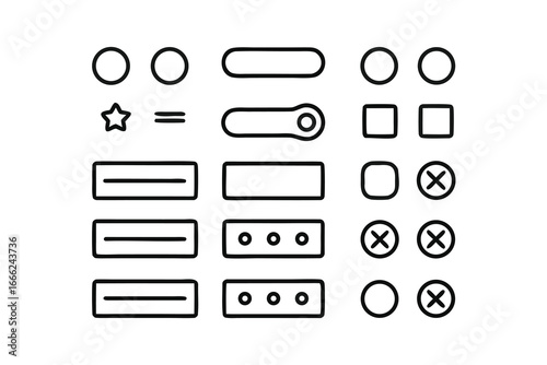 Minimalist UI Wireframe Icon Set – Black Line Art, Buttons, Toggles & Sliders