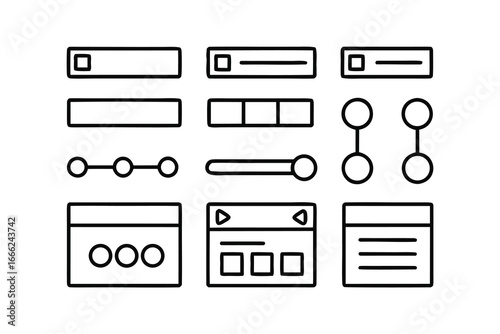 Minimalist UI Wireframe Icon Set – Black Line Art, Buttons, Toggles & Sliders