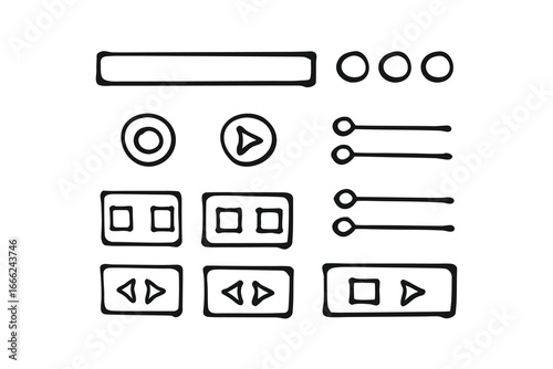 Minimalist UI Wireframe Icon Set – Black Line Art, Buttons, Toggles & Sliders