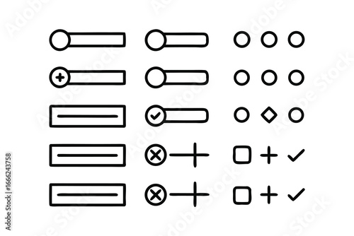 Minimalist UI Wireframe Icon Set – Black Line Art, Buttons, Toggles & Sliders