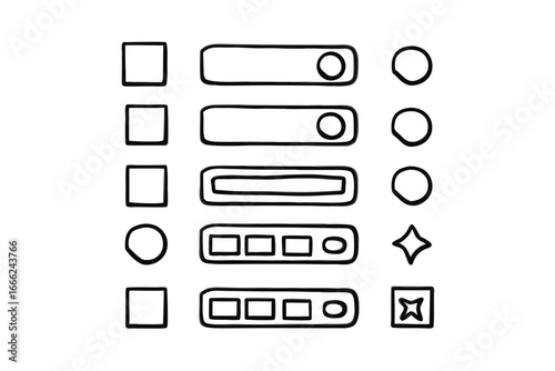 Minimalist UI Wireframe Icon Set – Black Line Art, Buttons, Toggles & Sliders