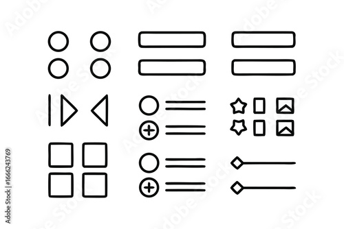 Minimalist UI Wireframe Icon Set – Black Line Art, Buttons, Toggles & Sliders