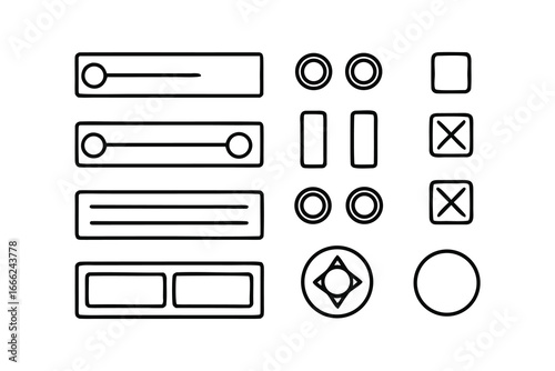 Minimalist UI Wireframe Icon Set – Black Line Art, Buttons, Toggles & Sliders