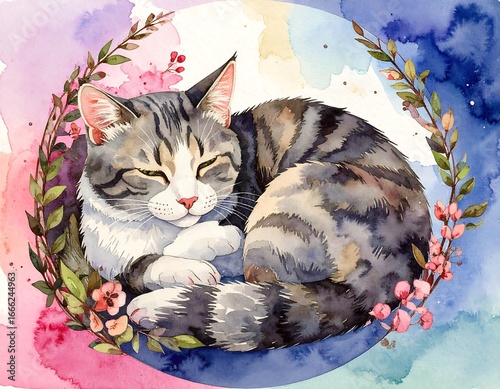 A charming tabby cat, resting peacefully, is surrounded by a floral wreath in a watercolor painting.