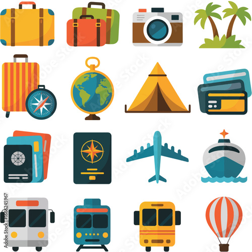 Travel Icons Including Suitcases Camera Globe Passport Airplane Ship Hot Air Balloon vacation holiday