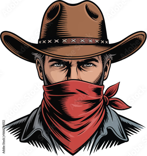Cowboy With Red Bandana Covering Mouth And Cowboy Hat western male