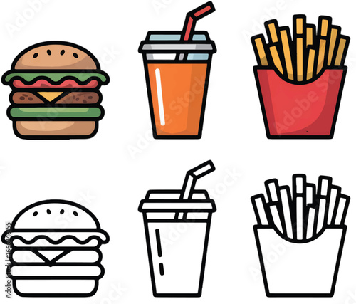 Colorful Fast Food Icons Featuring Burger Soda and French Fries hamburger