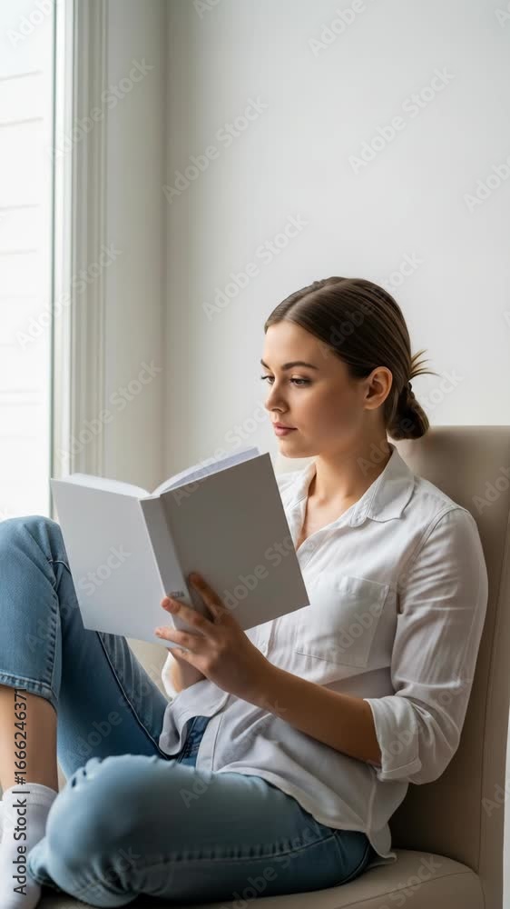 Caucasian woman sitting comfy on a window seat reading a book at home, turning pages, footage for literature and relaxation concept. Caucasian woman sitting comfy on a window seat reading a book at home, turning pages, footage for literature and relaxation concept.