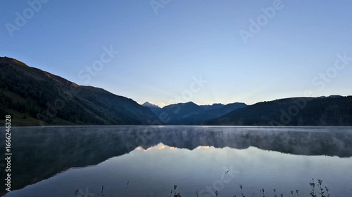 Morning on Lake Talmen. Mountain Altai. Russia. Timelapse