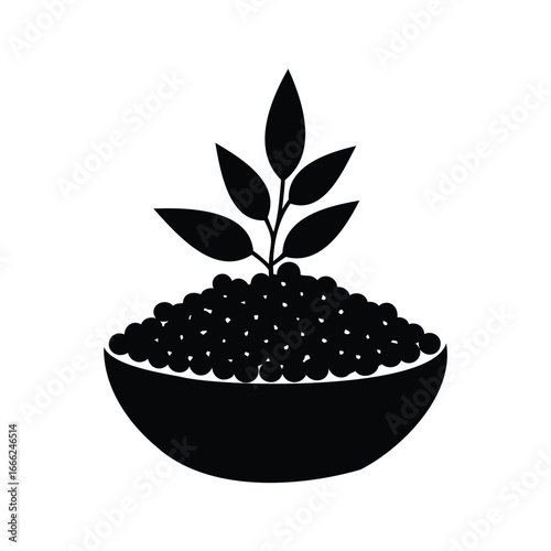 Black silhouette of a plant sprouting from a pile of seeds in bowl, Pile seeds silhouette vector illustration