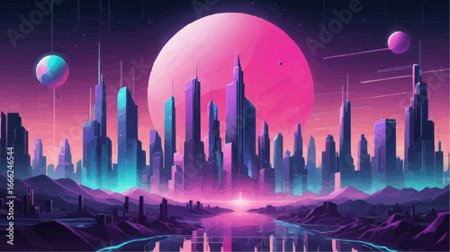 Geometric vector city skyline with surreal cosmic background