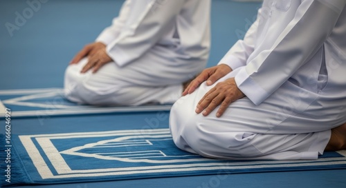Two muslim men in traditional white clothing praying on prayer mats