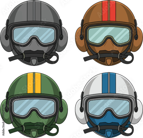 Four Cartoon Pilot Helmets in Different Colors with Goggles aviation aircraft