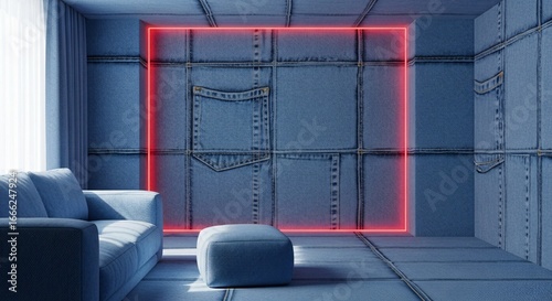 Modern denim room design with neon light frame for fashion and style