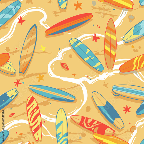 Surfing equipment scattered on a sandy beach with various designs and colors. Colorful surfboards lie on the light beige sand, creating a vibrant pattern.