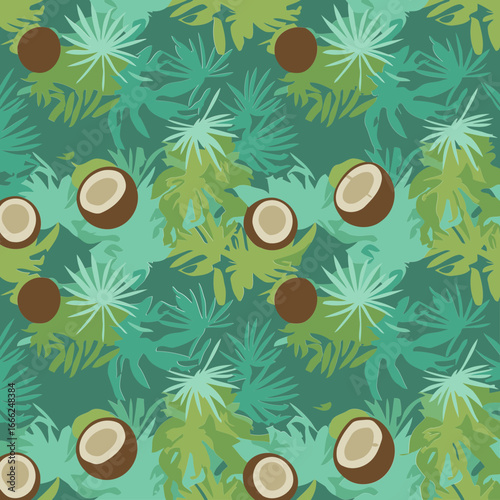 A vibrant, repeating pattern featuring coconuts and tropical leaves in various shades of green and brown. Perfect for fabric, wallpaper, or textile design.