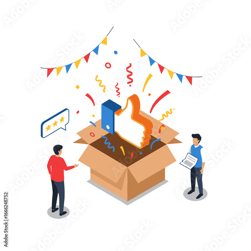 Celebrating positive feedback with a giant thumbs up emerging from an open box amidst confetti and streamers