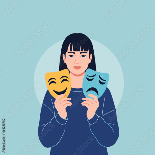 Woman holding happy and sad masks symbolizing emotional duality and mental health awareness