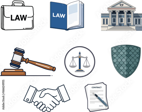 Legal and Justice Vector Icons: Courthouse, Gavel, Scales, Contract, Handshake, Shield