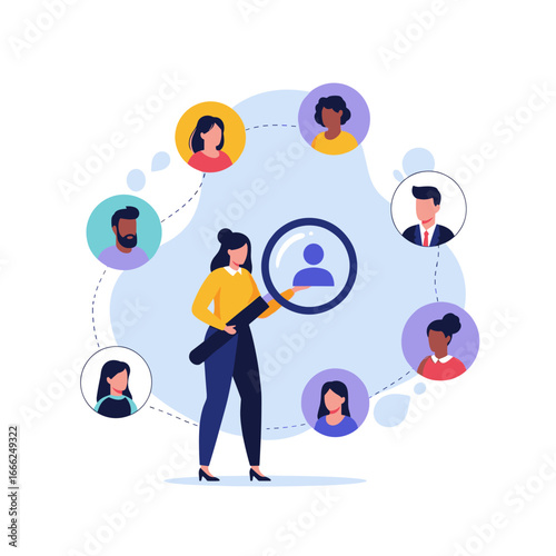 Skilled recruiter meticulously selects ideal candidate from diverse team with magnifying glass
