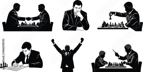 Businessmen playing chess, handshake, strategy planning, concentration, victory celebration, competition, negotiation, leadership, intellectual game, decision making, teamwork, success, challenge