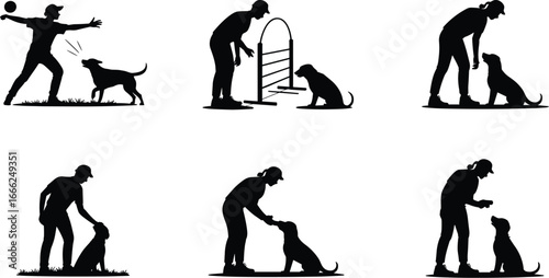 Dog training silhouettes, obedience training, agility practice, pet owner and dog interaction, dog commands, dog training session, pet care, dog behavior, outdoor dog training