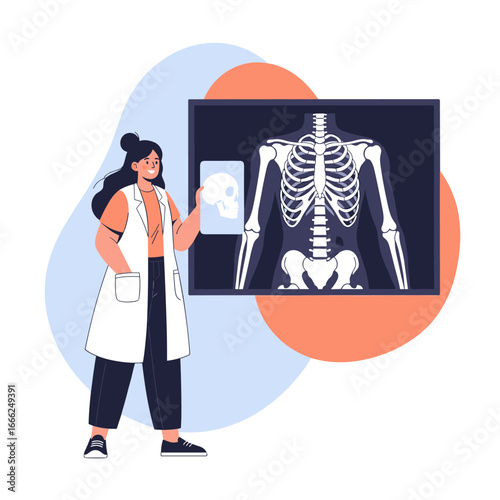 Confident female doctor reviews X-ray scans of skeleton and skull, promoting medical understanding