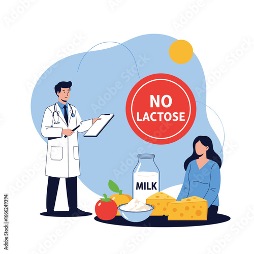 Doctor advises patient on lactose-free diet with dairy alternatives and healthy foods