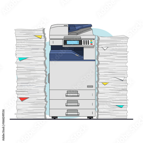 Efficient office copier handles massive print jobs surrounded by towering stacks of paper documents