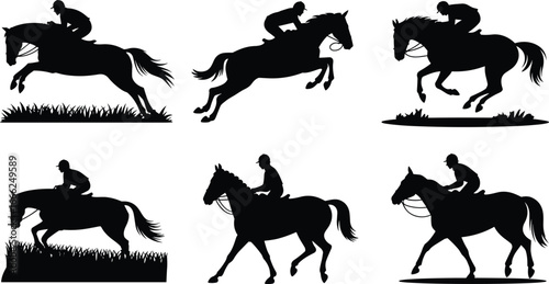 Horse rider silhouettes jumping and riding horses, equestrian sports, horse riding competition, training, outdoor riding, jockey, horseback riding action scenes.