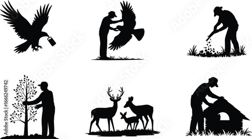 Nature conservation silhouettes, wildlife care, tree planting, gardening, animal shelter building, eco-friendly living, environmental protection, sustainable forest and fauna.